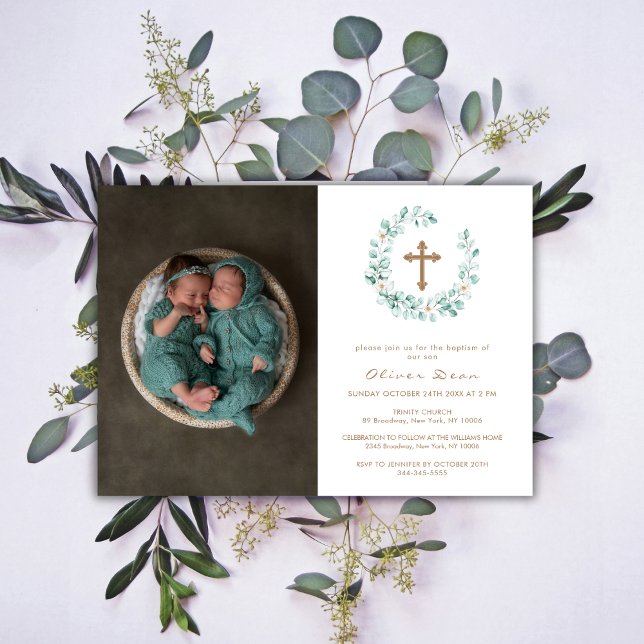 Elegant Eucalyptus Photo Gold Cross Baptism   Invitation (Elegant Eucalyptus Photo Gold Cross Baptism Invitation)