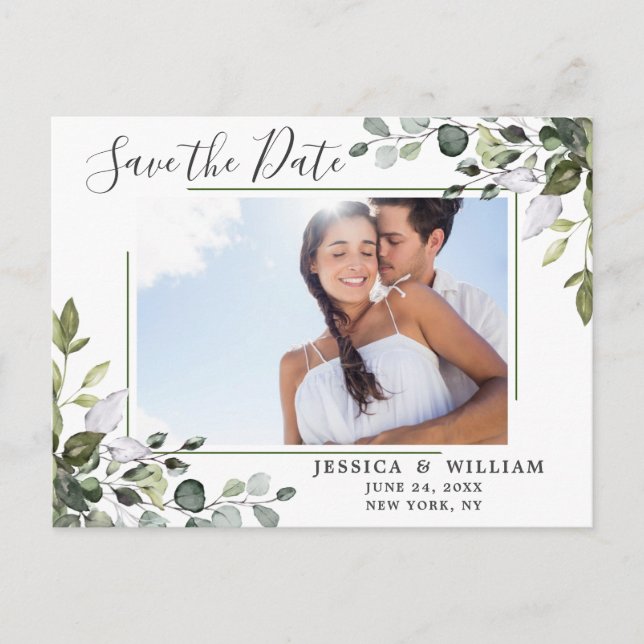 Elegant Eucalyptus PHOTO Wedding Save the Date Postcard (Front)