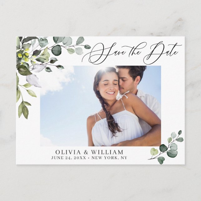 Elegant Eucalyptus PHOTO Wedding Save the Date Postcard (Front)