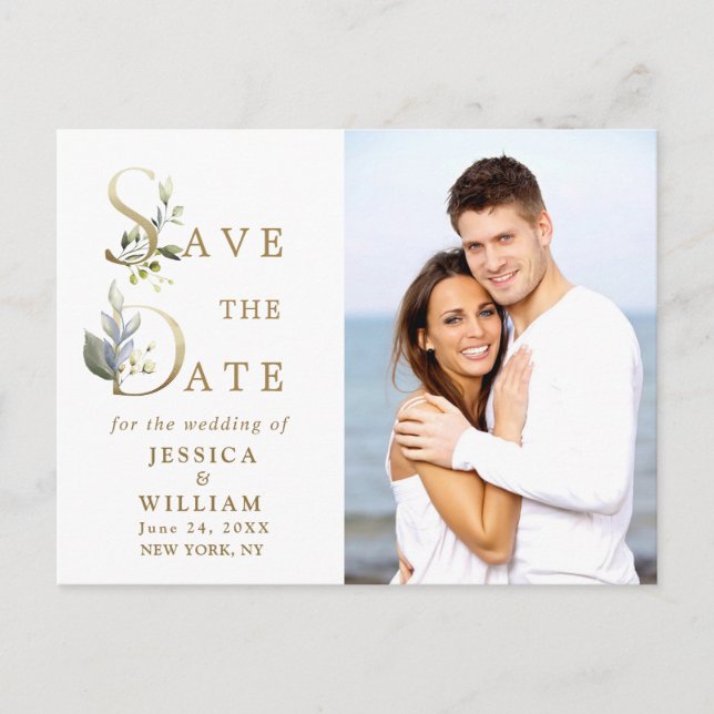 Elegant Eucalyptus PHOTO Wedding Save the Date Postcard (Front)