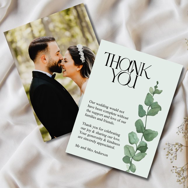 Elegant Eucalyptus Photo Wedding Thank You  (Elegant Wedding Photo Collage Thank You Card)