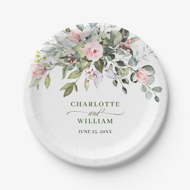 Elegant Eucalyptus Pink Blush Roses Wedding Paper Plate (Front)