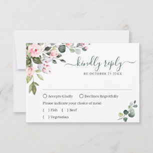 Elegant Eucalyptus Pink Blush Roses Wedding RSVP Card
