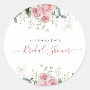 Elegant Eucalyptus & Pink Roses Invite Classic Round Sticker