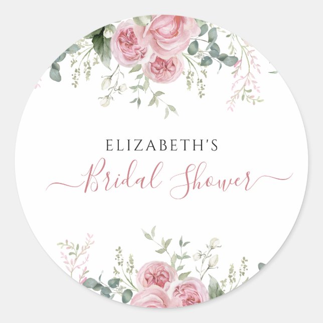 Elegant Eucalyptus & Pink Roses Invite Classic Round Sticker (Front)