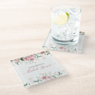 Elegant Eucalyptus & Pink Roses Invite Glass Coaster