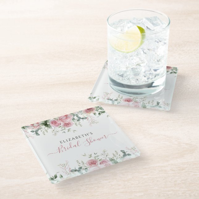 Elegant Eucalyptus & Pink Roses Invite Glass Coaster (Angled)