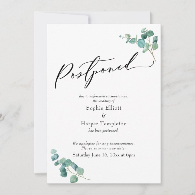 Elegant Eucalyptus Postponed Wedding Announcement (Front)