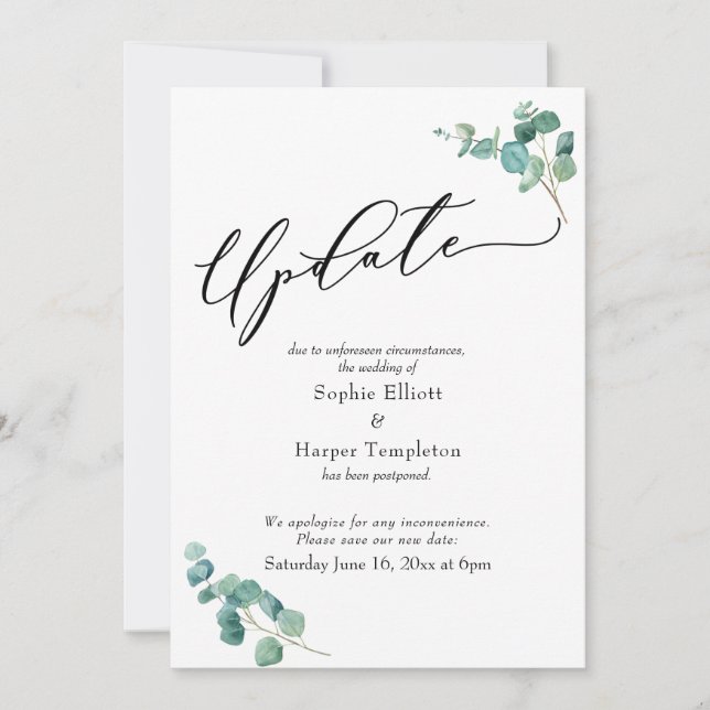 Elegant Eucalyptus Postponed Wedding Update Card (Front)