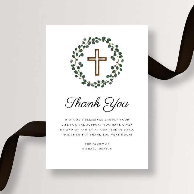 Elegant Eucalyptus Religious Cross Funeral Thank You Card (Elegant Eucalyptus Religious Cross Funeral Thank You Card)