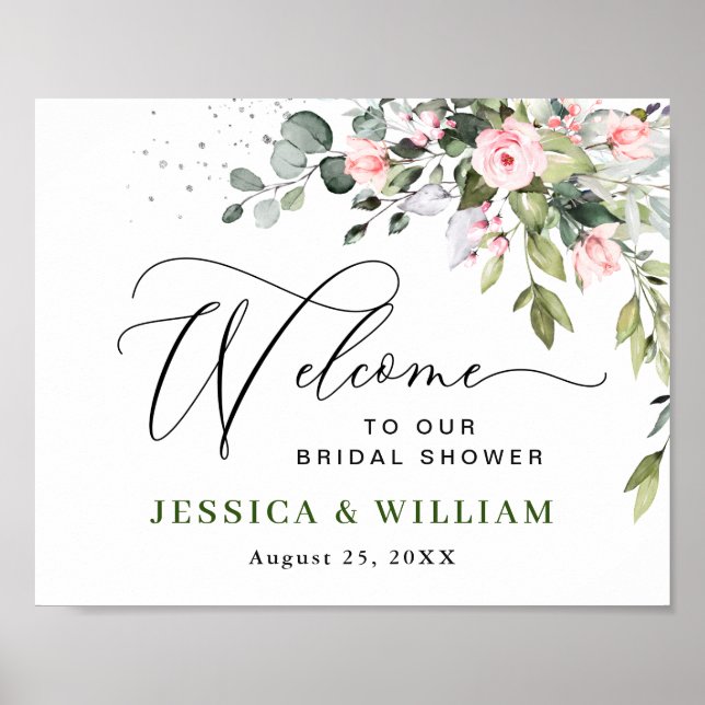 Elegant Eucalyptus Roses Welcome BRIDAL SHOWER Poster (Front)