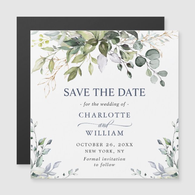 Elegant Eucalyptus Save the Date Magnetic Card (Front/Back)