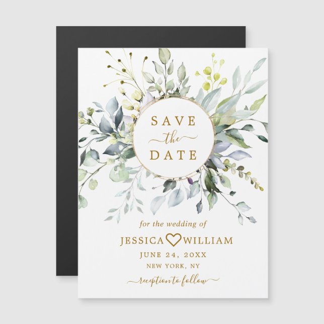 Elegant Eucalyptus Save the Date Magnetic Card (Front/Back)