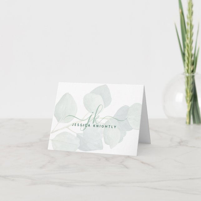 Elegant Eucalyptus Script Monogram Note Card (Front)