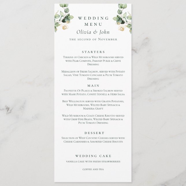 Elegant Eucalyptus Script Wedding  Menu (Front)