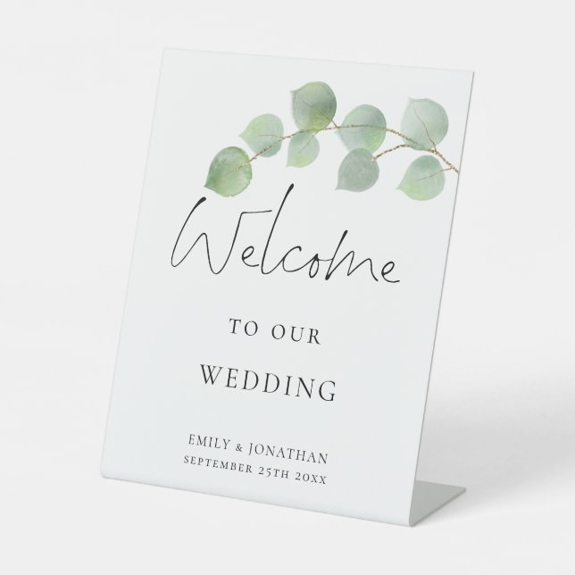 Elegant Eucalyptus Script Welcome to Wedding Pedestal Sign (Front)