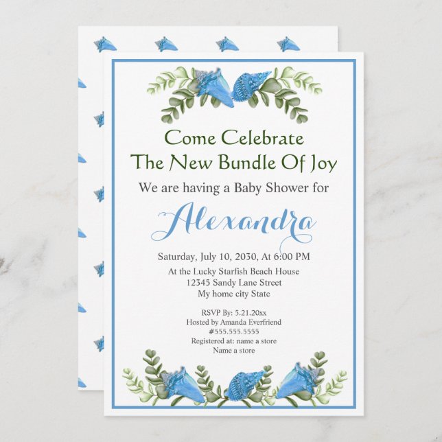 Elegant Eucalyptus Seashell Baby Shower invitation (Front/Back)