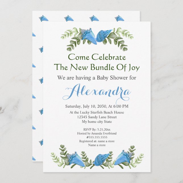 Elegant Eucalyptus Seashell Baby Shower invitation (Front/Back)
