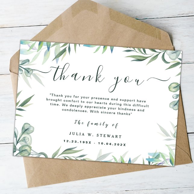 Elegant Eucalyptus Simple Funeral Thank You Note Card (Creator Uploaded)