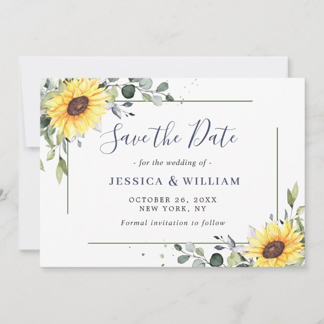 Elegant Eucalyptus Sunflower Floral Wedding Save The Date (Front)