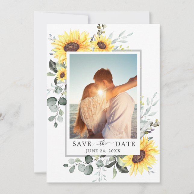 Elegant Eucalyptus Sunflower PHOTO Wedding Save The Date (Front)