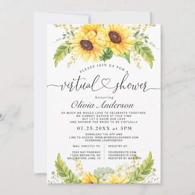 Elegant Eucalyptus Sunflower Virtual Bridal Shower Invitation (Front)