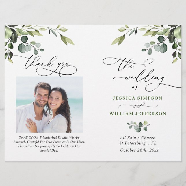 Elegant Eucalyptus Watercolor Boho Wedding Program (Front)