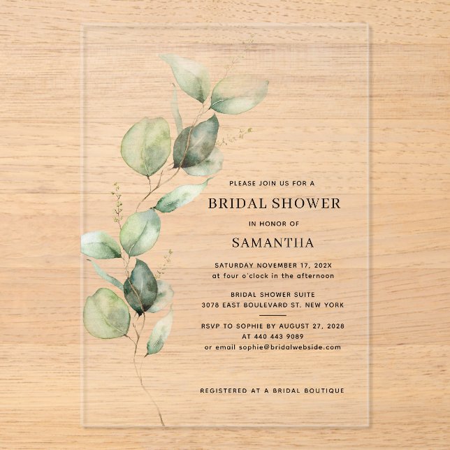 Elegant Eucalyptus Watercolor Bridal Shower Acrylic Invitations (Front)