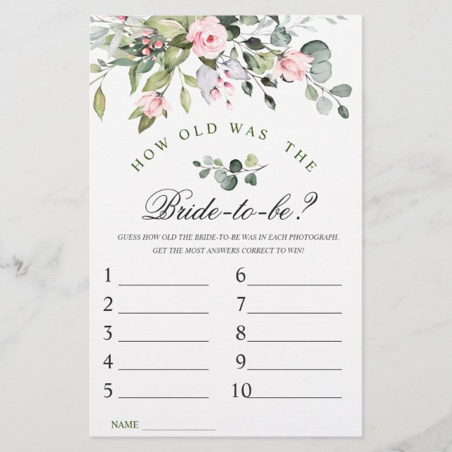 Elegant Eucalyptus Watercolor Bridal Shower Game (Front)