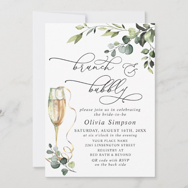 Elegant Eucalyptus Watercolor Brunch & Bubbly Invitation (Front)