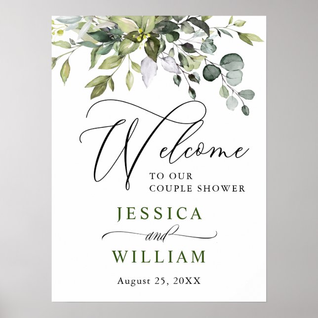 Elegant Eucalyptus Watercolor Couple Couple Shower Poster (Front)