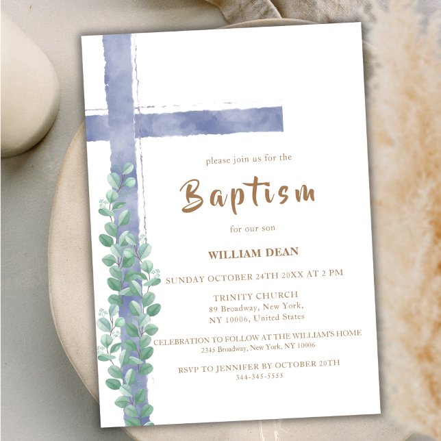 Elegant Eucalyptus Watercolor Cross Boy Baptism Invitation (Elegant Eucalyptus Watercolor Cross Boy Baptism Invitation)