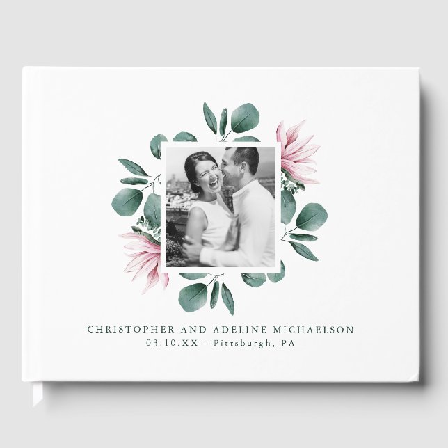 Elegant Eucalyptus Watercolor Frame Photo Wedding Guest Book (Front)