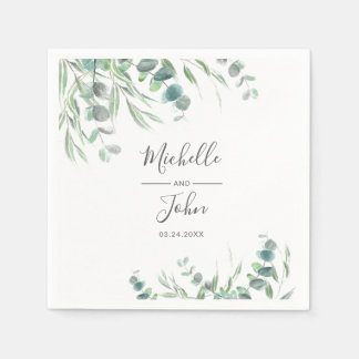 Elegant Eucalyptus Watercolor Name Script Wedding  Napkin