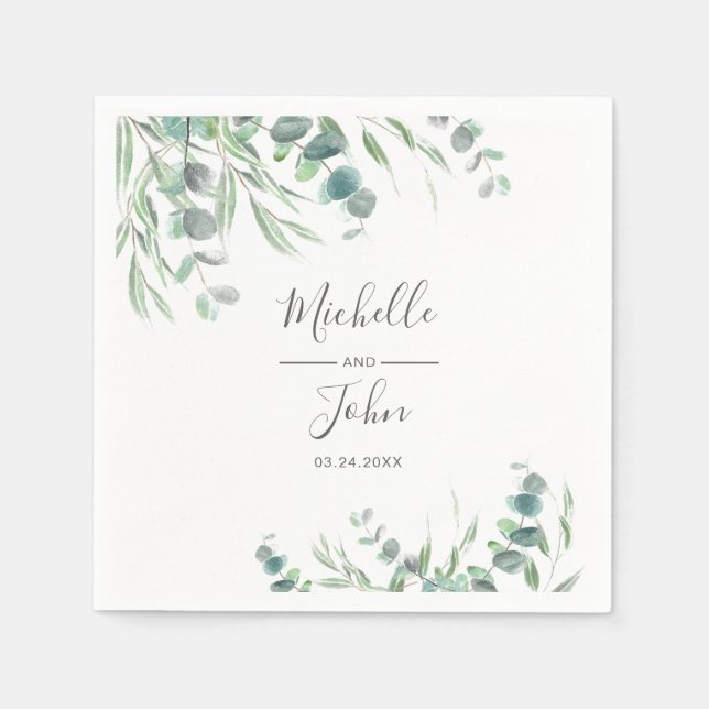 Elegant Eucalyptus Watercolor Name Script Wedding  Napkin (Front)
