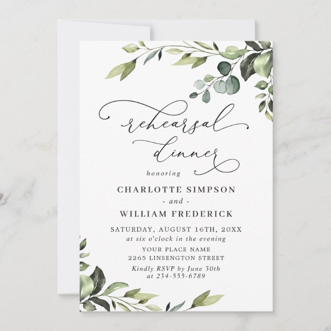Elegant Eucalyptus Watercolor REHEARSAL DINNER Invitation (Front)