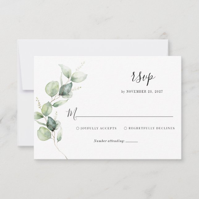 Elegant Eucalyptus Watercolor Script Wedding RSVP Card (Front)