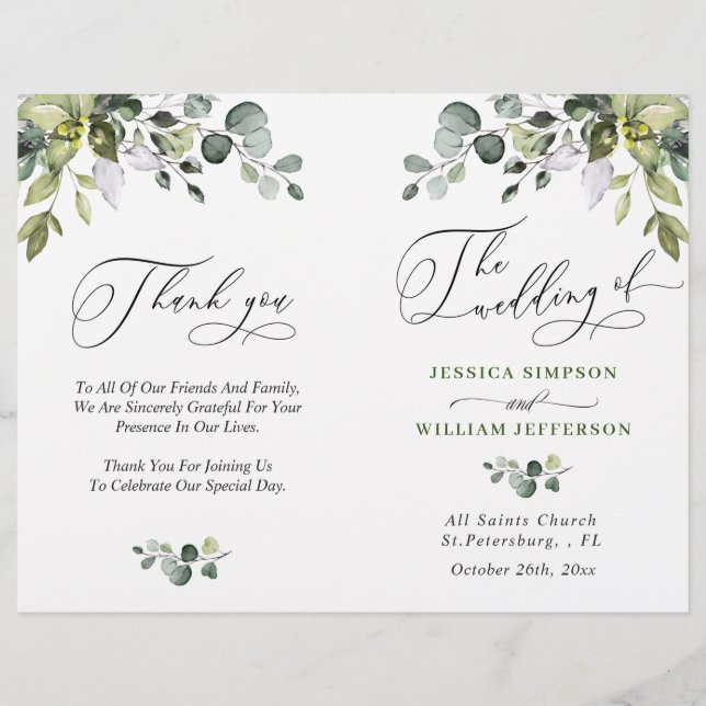Elegant Eucalyptus Watercolor Wedding Program (Front)