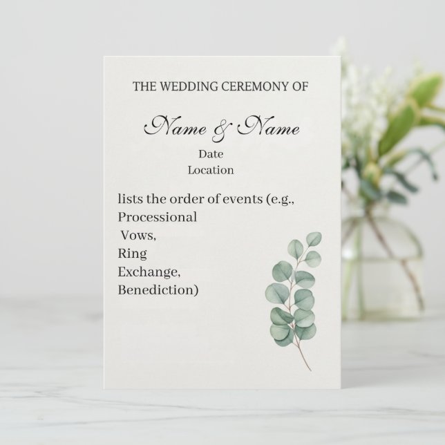 Elegant Eucalyptus Watercolor Wedding Program Programme (Standing Front)