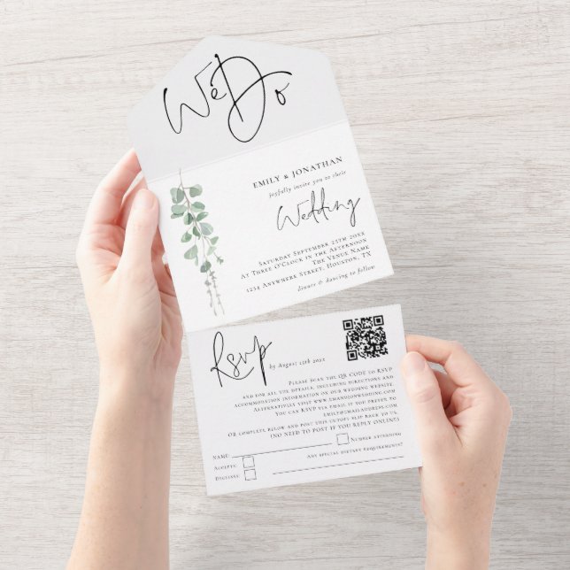 Elegant Eucalyptus We Do QR Code Wedding All In One Invitation (Tearaway)