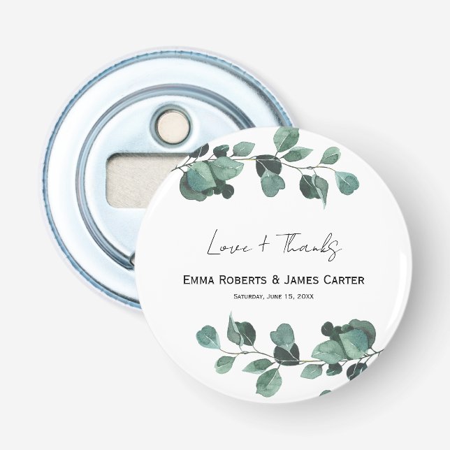Elegant Eucalyptus Wedding Bottle Opener (Front)