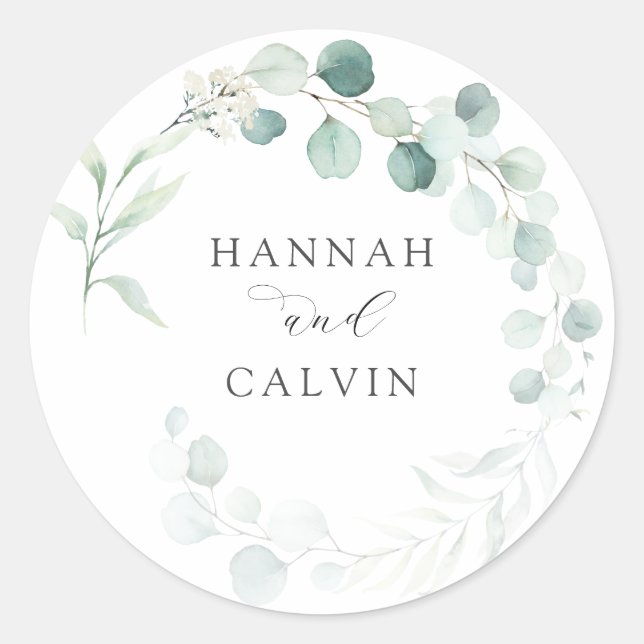 Elegant Eucalyptus Wedding Classic Round Sticker (Front)
