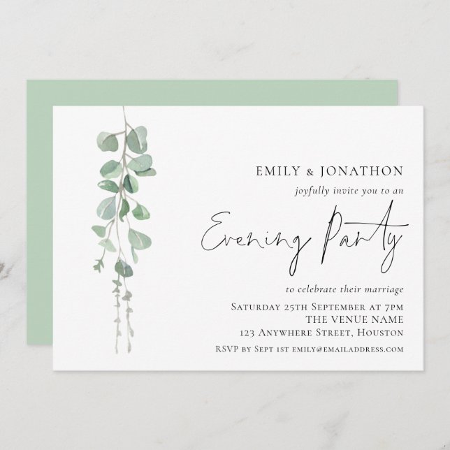 Elegant Eucalyptus Wedding Evening Party  Invitation (Front/Back)