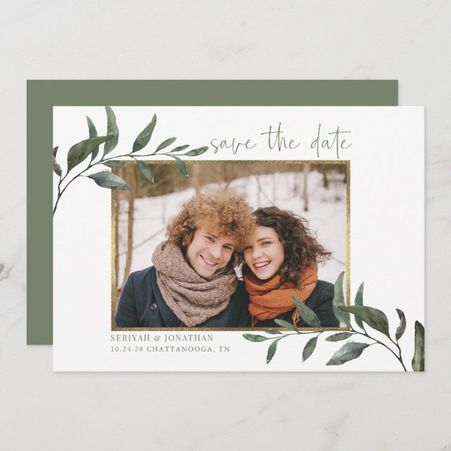 Elegant Eucalyptus Wedding Save the Date Photo Holiday Card (Front/Back)