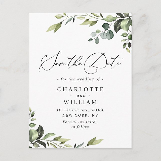 Elegant Eucalyptus Wedding Save the Date QR code Postcard (Front)
