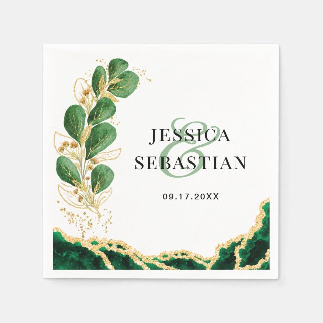 Elegant Eucalyptus White Emerald and Gold Wedding Napkin (Front)