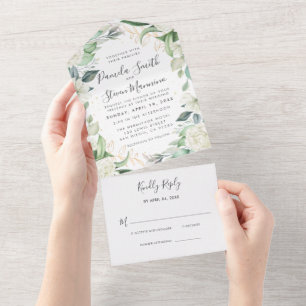 Elegant Eucalyptus White Floral Wedding with RSVP All In One Invitation