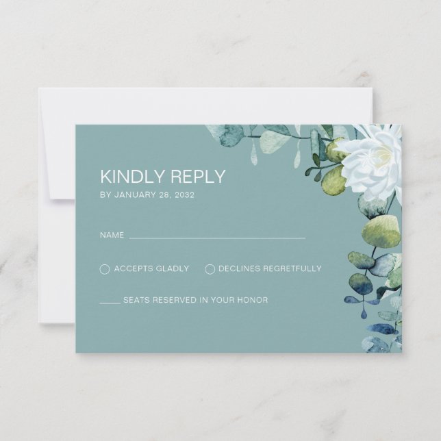 Elegant eucalyptus  white flowers chic wedding RSVP card (Front)