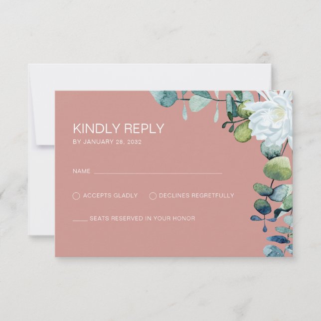 Elegant eucalyptus  white flowers chic wedding RSVP card (Front)