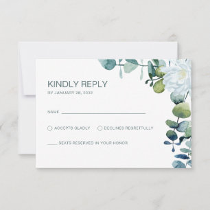 Elegant eucalyptus  white flowers chic wedding RSVP card